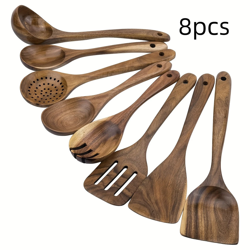 8pcs Wooden Kitchen Utensil Set Non Stick Cookware Tools Durable Wood Cooking Spoons And Spatulas  Multi Purpose Kit Antis Scald