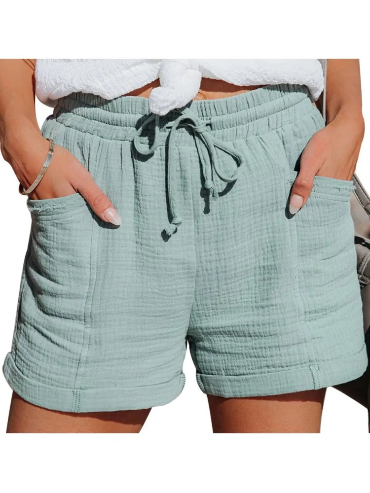 2025 Summer Women's Fashion Shorts Casual High Waist Loose Wide-leg Shorts Solid Color Lace-up Pockets Homewear Female Short