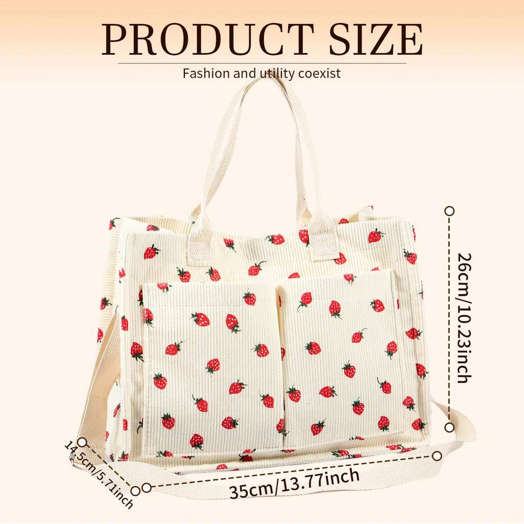 Tote Bag Cute Strawberry Patched Purse for Women Fabric Large Capacity Tote Purse Enduring Tote Bag with Adjustable Shoulder