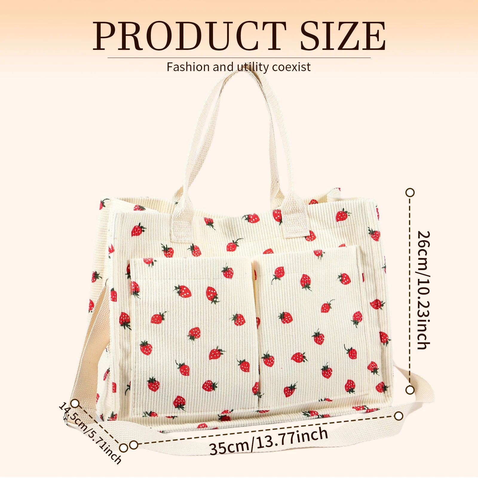Tote Bag Cute Strawberry Patched Purse for Women Fabric Large Capacity Tote Purse Enduring Tote Bag with Adjustable Shoulder