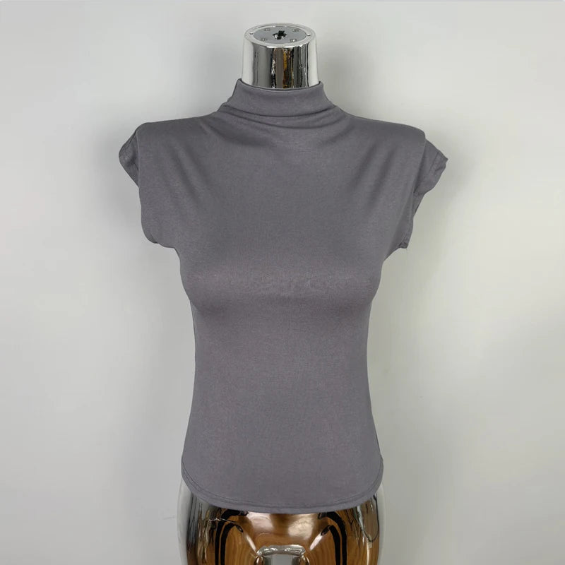 Female Streetwear Basics Versatile Tops Women Sexy Turtleneck Short Sleeve T-Shirts Solid Slim Fit Summer Causal Tees Shirts