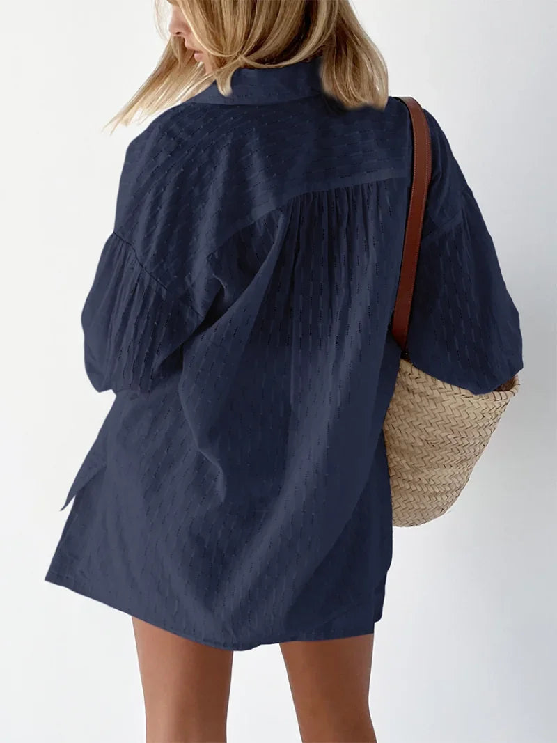 Women Jacquard Puff Sleeves Two Piece Sets for Summer Fashion Loose Shorts and Long Sleeved Shirt Outfits