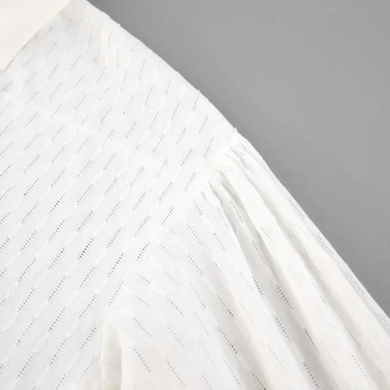 Women Jacquard Puff Sleeves Two Piece Sets for Summer Fashion Loose Shorts and Long Sleeved Shirt Outfits