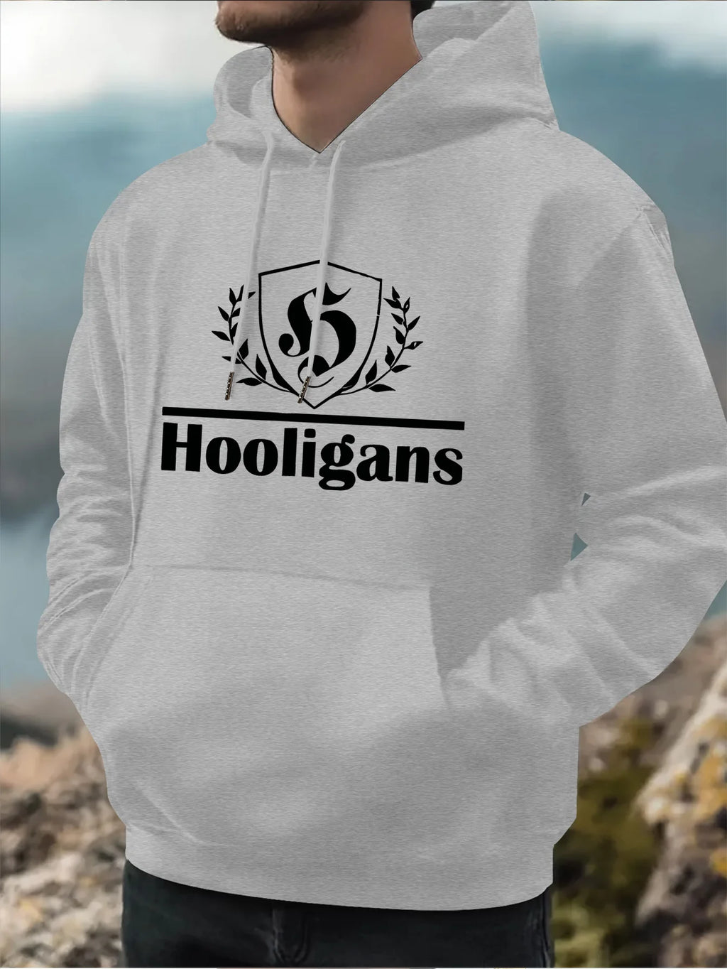 Men's Casual Hoodie HOOLIGANS Geometric Design Pullover for Fitness Training and Daily Wear Fashionable Street Style