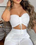 Two Piece Set Women Outfit Summer Fashion Drawstring Bandeau Sleeveless Crop Top & Casual Shirred High Waist Pants Sets