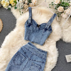 Skirt Sets Women Denim Skirts Two Piece Set Tanks Sleeve Less Slim Fit Vests High Waist Jeans Button Streetwear Summer