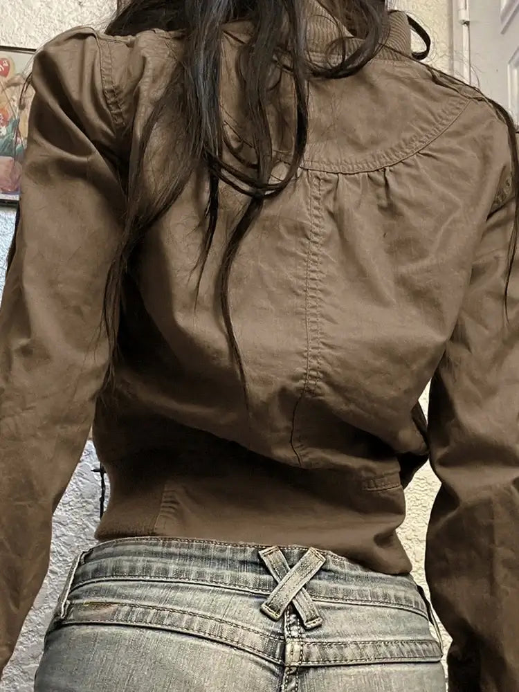 Vintage Cropped Jackets for Women Harajuku Casual Slim Fit Zipper Coat Y2K Streetwear Long Sleeve Outerwear Autumn