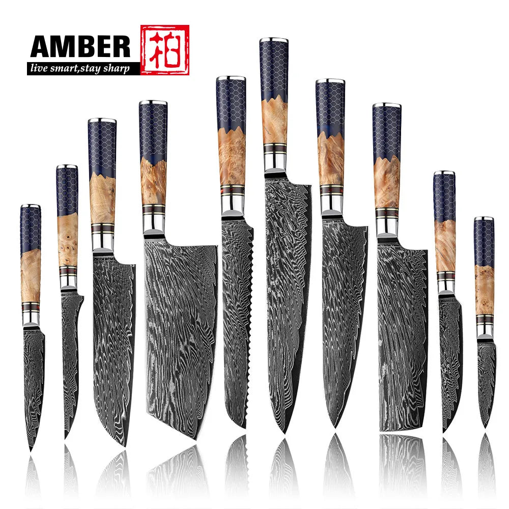 Kitchen Knives-Set Damascus Steel Chef Knife Cleaver Paring Utility Bread Knife Cooking Tool Blue Resin Handle 1-10 Pcs/Set