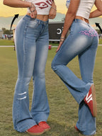 High - Waist Light Blue Flared Denim Jeans for Women - Stylish Pink Back Embroidery