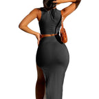 Combhasaki Women's Summer 2Piece Outfits Set Solid Color Crew Neck Sleeveless Crop Tank Tops + Wrapped Hip High Slit Long Skirts