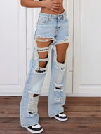 Women's Light Blue Distressed Wide - Leg Jeans - Extreme Ripped Style
