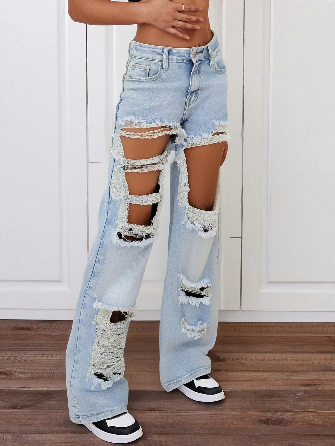 Women's Light Blue Distressed Wide - Leg Jeans - Extreme Ripped Style