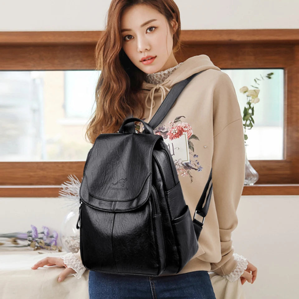 Ladies Bookbag Rucksack Women Large Capacity Backpack Purses High Quality PU Leather Female Vintage School Bags Travel Bagpack