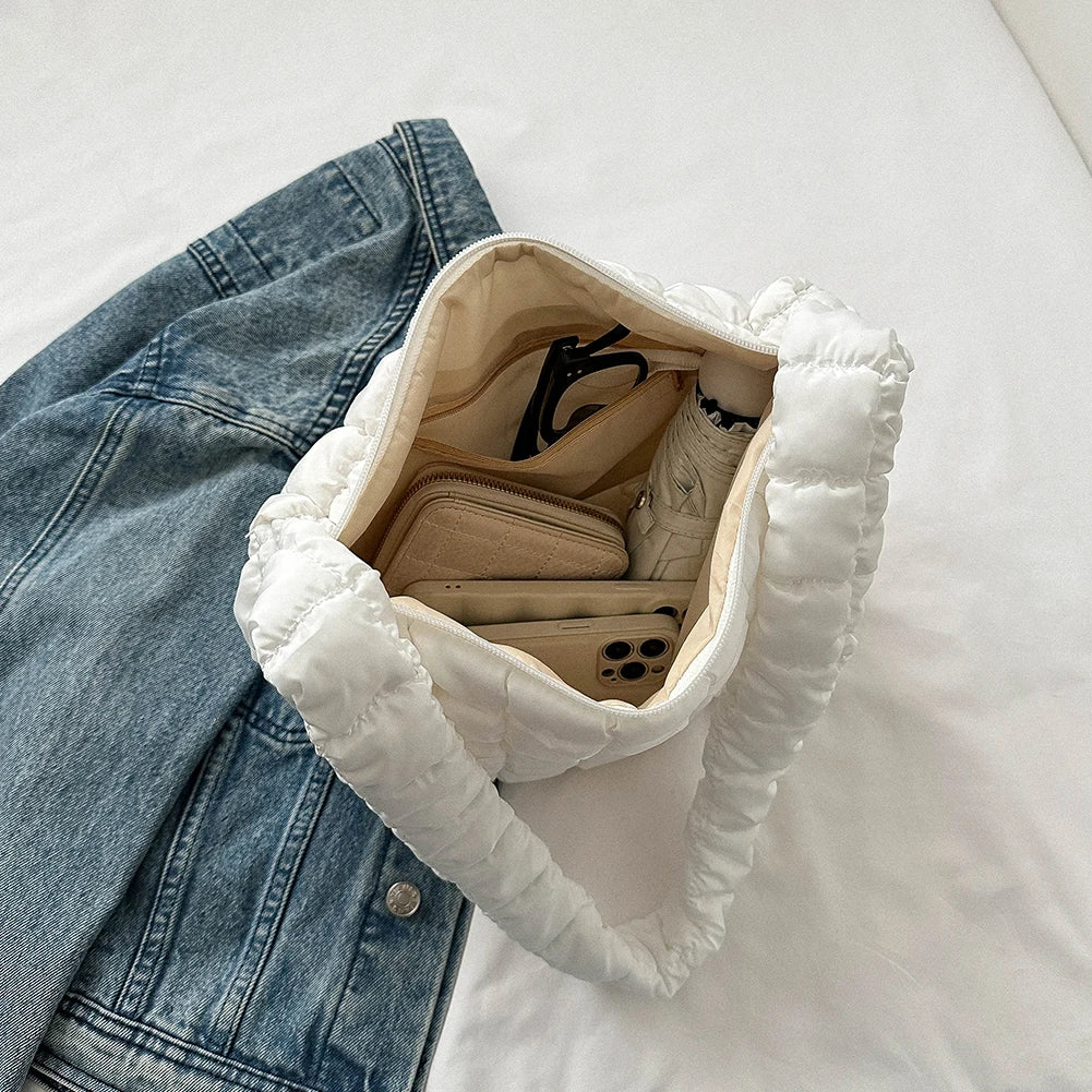 Ladies Quilted Pleated Sling Bag Solid Color Cloud Tote Bag Versatile Quilted Cloud Purse Large Capacity Commuting Bags