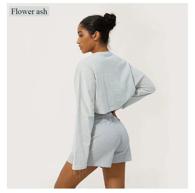 Women Long Sleeve Fitness Crop Top Soft Soild Color Workout T-Shirt Loose Running Yoga Shirt