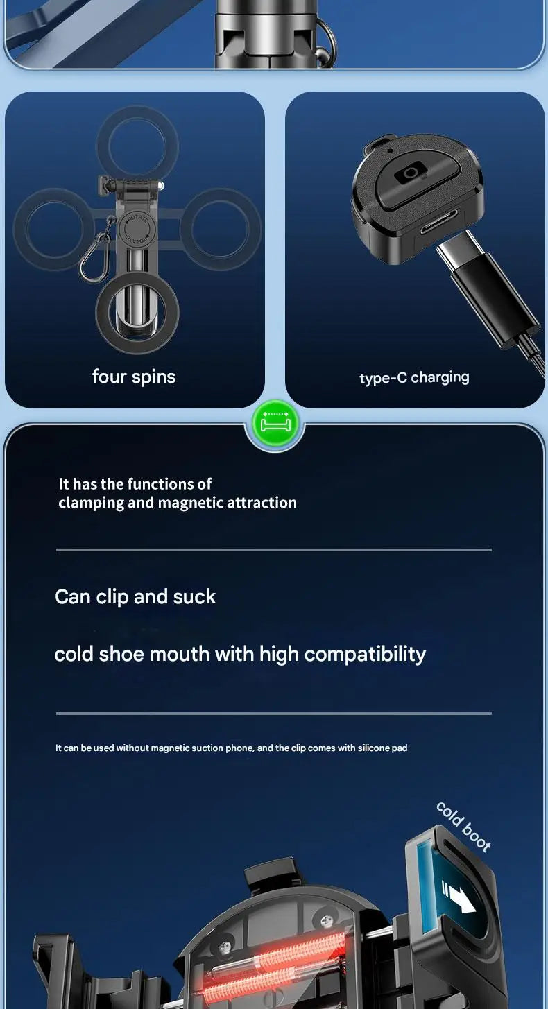 Upgraded Multi-Function Foldable Magnetic Phone Holder Selfie Stick, DSLR-Style Rotation Tripod Portable Remote ControlUpgraded