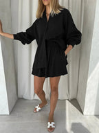 Women Jacquard Puff Sleeves Two Piece Sets for Summer Fashion Loose Shorts and Long Sleeved Shirt Outfits