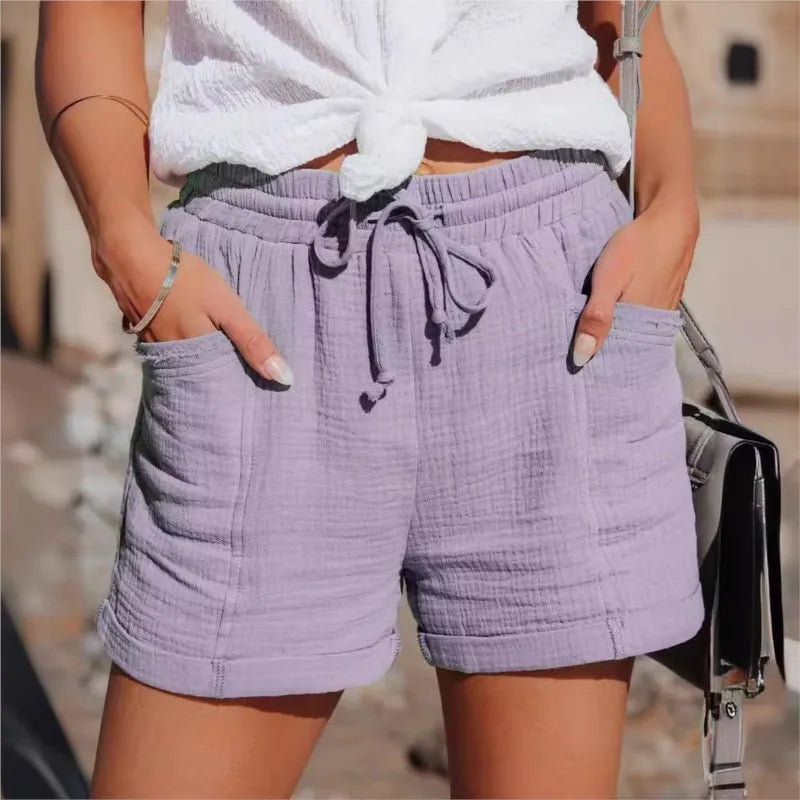 2025 Summer Women's Fashion Shorts Casual High Waist Loose Wide-leg Shorts Solid Color Lace-up Pockets Homewear Female Short