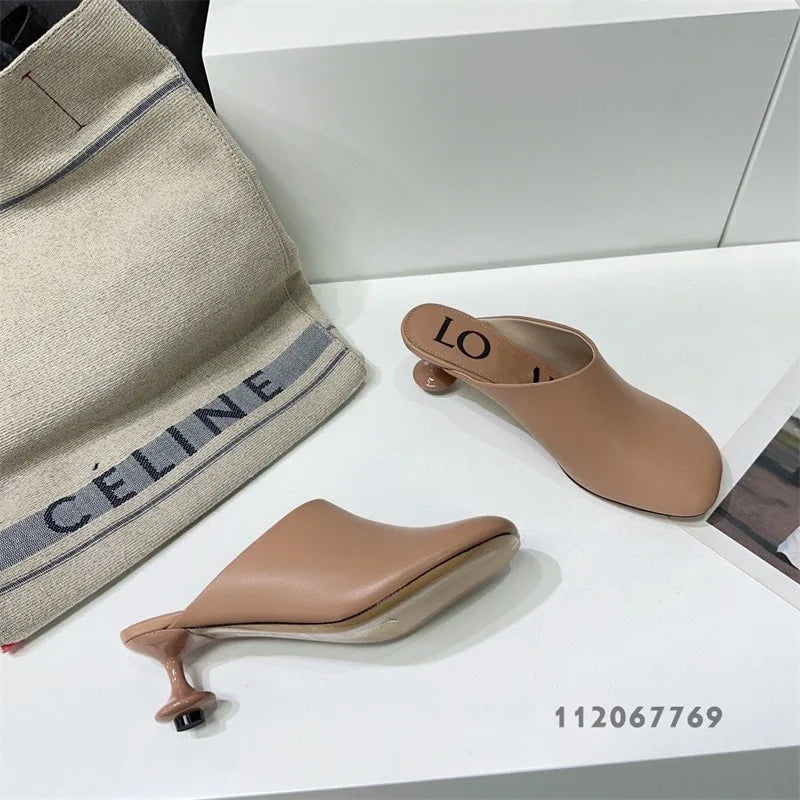 Square Toe Elegant Women Slippers Fad Mid Heels Leather Sandals Mule Shoes Trend Spring Designer Dress Femme Chaussures