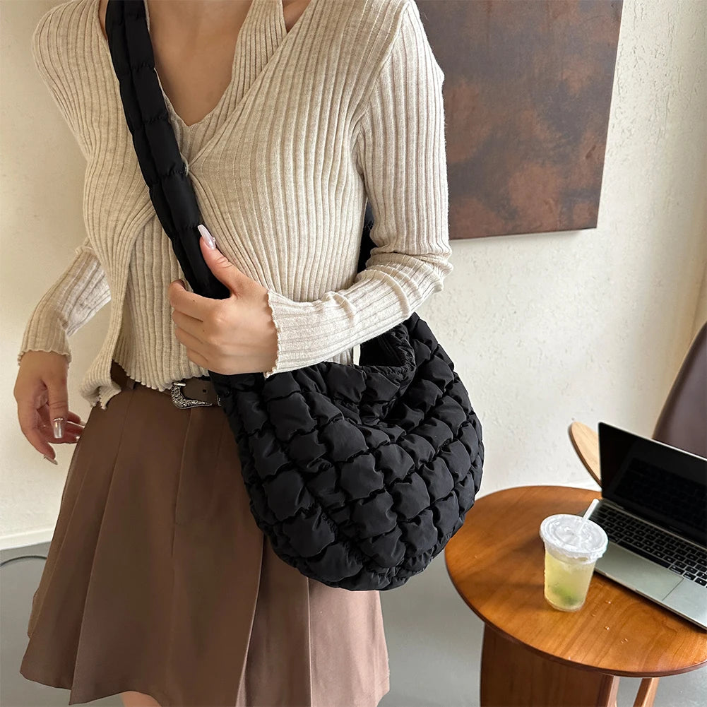 Ladies Quilted Pleated Sling Bag Solid Color Cloud Tote Bag Versatile Quilted Cloud Purse Large Capacity Commuting Bags
