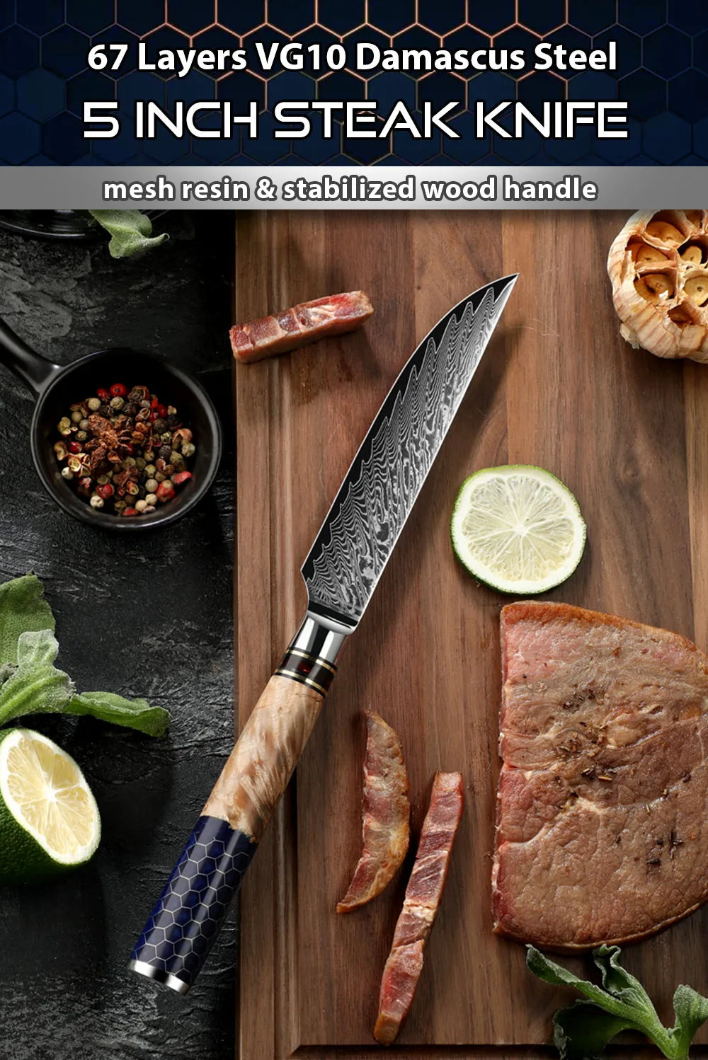 Kitchen Knives-Set Damascus Steel Chef Knife Cleaver Paring Utility Bread Knife Cooking Tool Blue Resin Handle 1-10 Pcs/Set