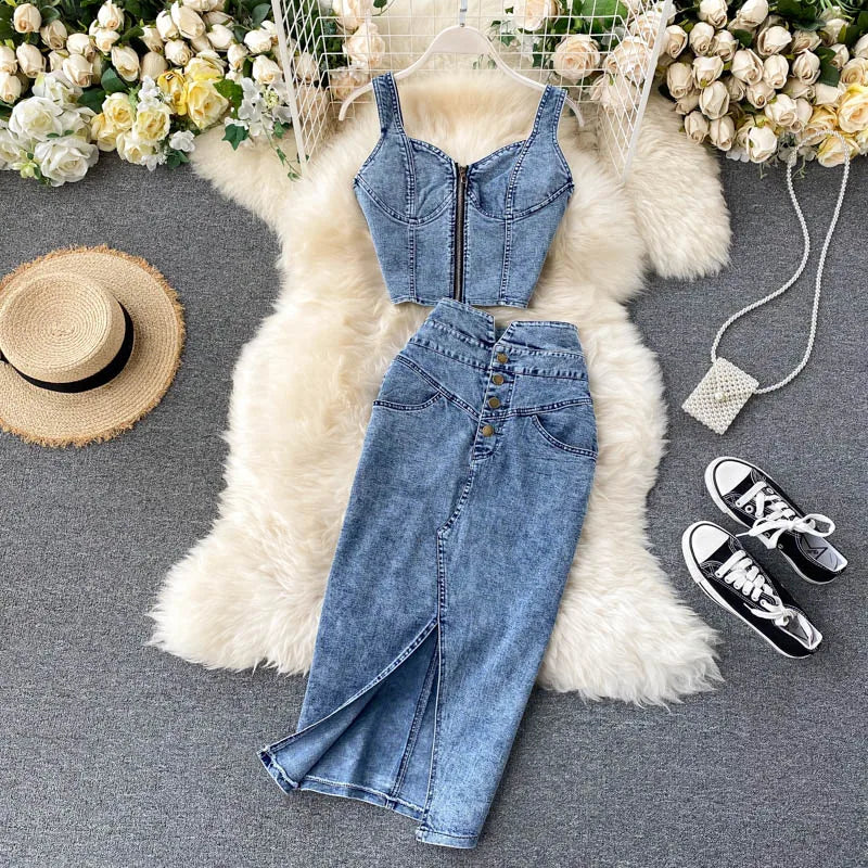 Skirt Sets Women Denim Skirts Two Piece Set Tanks Sleeve Less Slim Fit Vests High Waist Jeans Button Streetwear Summer