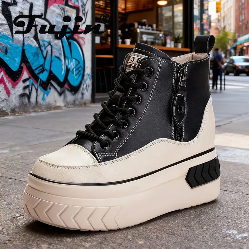 Fujin High Top Women Shoes Genuine Leather 8cm Platform Boots Ankle Wedge Hidden Heel Zip Autumn Warm Fur Winter Shoes Sneakers