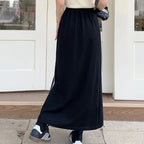 Qooth Women Sports style Elastic Waist Cotton A-line Skirt Elegant Split Long Skirt QT2155