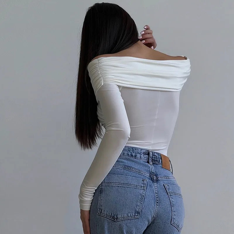 Red Sexy Off Shoulder Women's Bodysuits Fashion Crossed Folds Skinny Rompers Long Sleeve Fashion Streetwear Autumn Bodysuits New