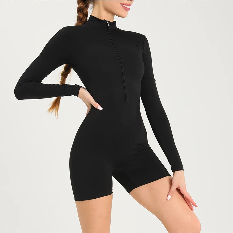 Women's Fitness Short Jumpsuits Long Sleeve Training Overalls One-Piece Sporty Suits Workout Romper Gym Clothing Woman Tracksuit