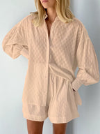 Women Jacquard Puff Sleeves Two Piece Sets for Summer Fashion Loose Shorts and Long Sleeved Shirt Outfits