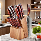 Kitchen Knife Set 15-Piece With Wooden Block,Laser Damascus Pattern Steel Professional Chef's Knife,With Scissor Sharpening Rod
