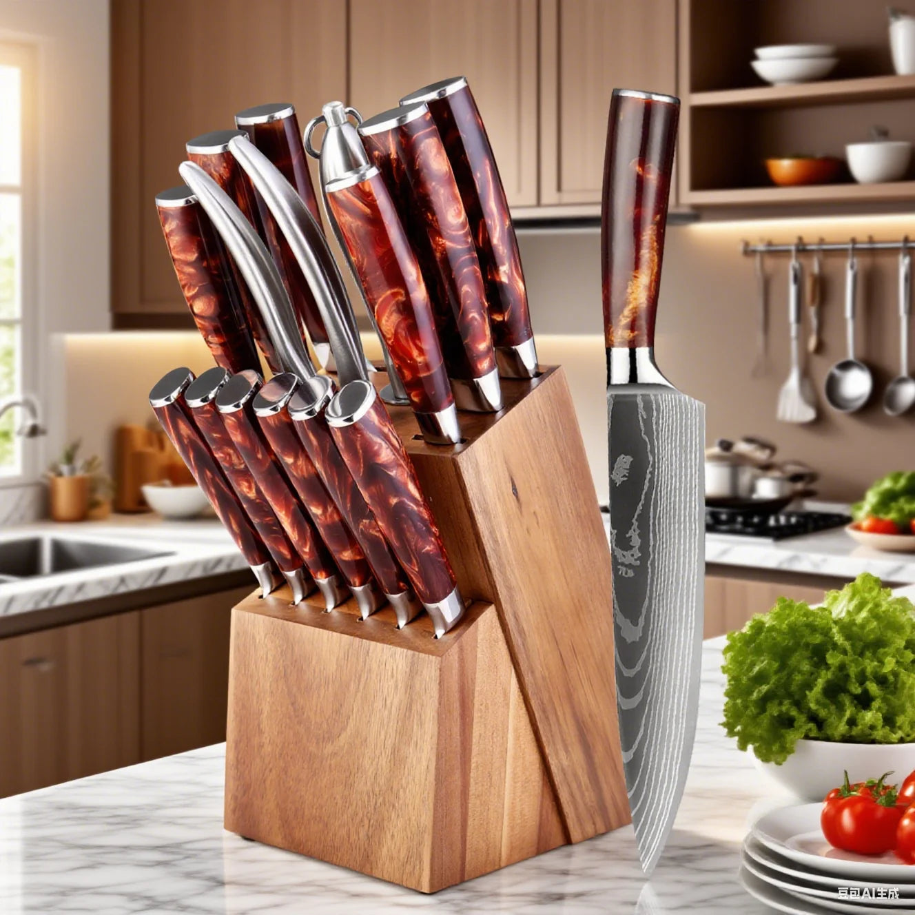 Kitchen Knife Set 15-Piece With Wooden Block,Laser Damascus Pattern Steel Professional Chef's Knife,With Scissor Sharpening Rod