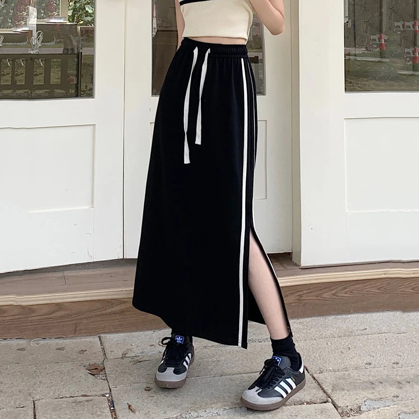 Qooth Women Sports style Elastic Waist Cotton A-line Skirt Elegant Split Long Skirt QT2155