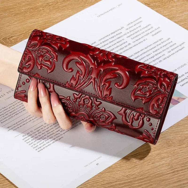 Genuine Leather Purse Women Large Real Leather Clutch Long Women's Cow Leather Purses Floral Ladies Wallets