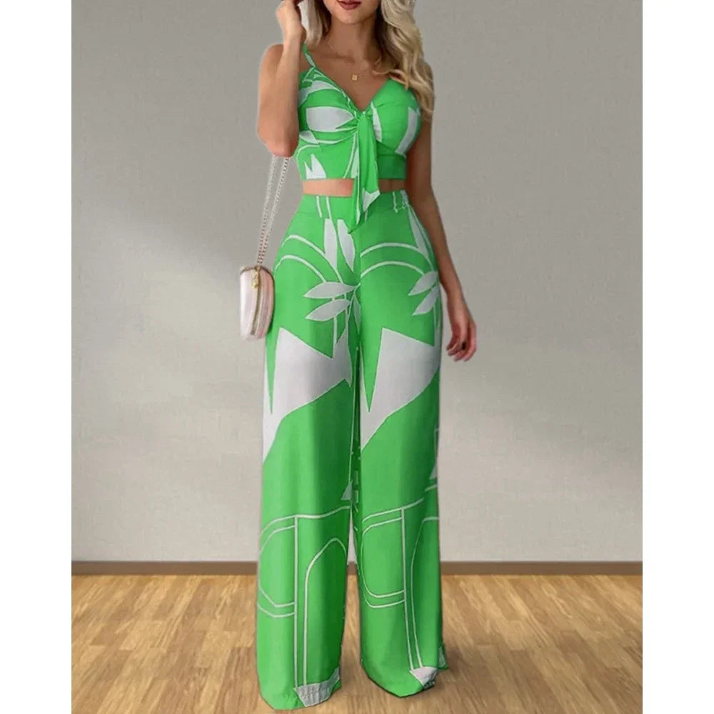 Summer Women Tropical Print Spaghetti Strap Casual Lace up Back Top &High Waist Pants Set 2 Pieces Suit Sets