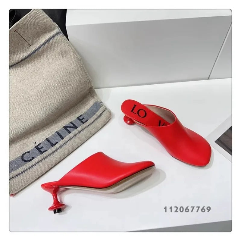Square Toe Elegant Women Slippers Fad Mid Heels Leather Sandals Mule Shoes Trend Spring Designer Dress Femme Chaussures