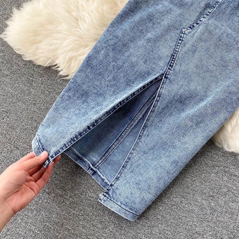 Skirt Sets Women Denim Skirts Two Piece Set Tanks Sleeve Less Slim Fit Vests High Waist Jeans Button Streetwear Summer