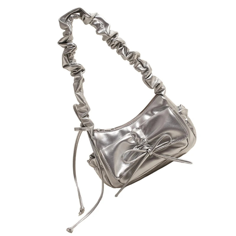 Stylish Casual Pleated Shoulder Bag with Novelty Bowknot PU Leather Handbag Purse for Female
