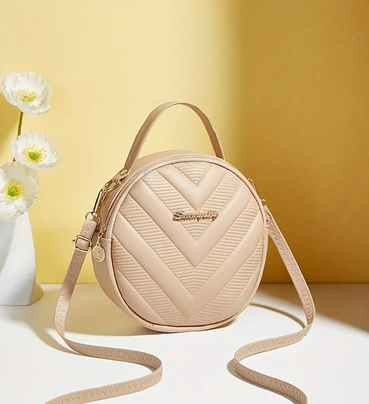 Chic Circle Crossbody Purse for Women - V-Quilted  Detachable Strap  Interior Pockets for Daily Use