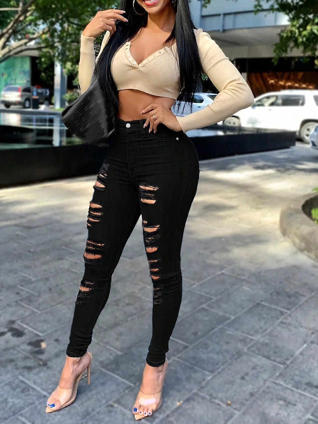 Women Slim-Fit Black Ripped Jeans with Button Zipper Pockets - Casual Fashion Solid Color Denim Pants