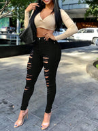 Women Slim-Fit Black Ripped Jeans with Button Zipper Pockets - Casual Fashion Solid Color Denim Pants