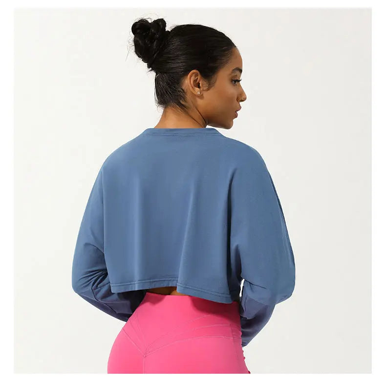 Women Long Sleeve Fitness Crop Top Soft Soild Color Workout T-Shirt Loose Running Yoga Shirt