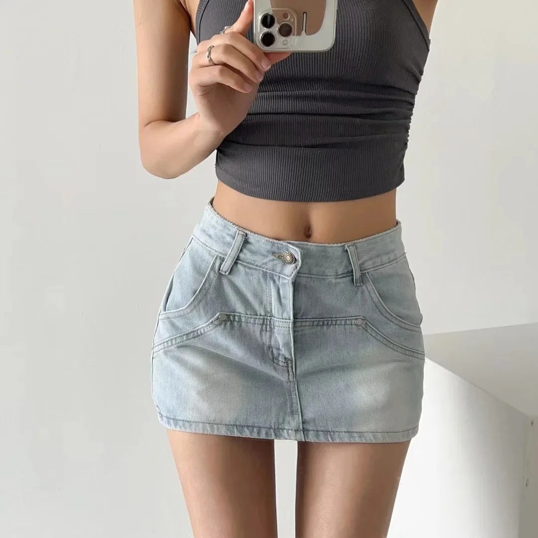 Skirts for Women Sexy Slim Solid Colour Pockets Spliced 2024 Summer Casual Femme High Waist Wrap Hip Mini Short Denim Skirt