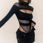 Women's Sexy Hollow Bodysuit Long Sleeved Mesh Tops Solid Fashion Half High Collar Jumpsuit Bottoming Clothes Y2k Club Bodysuits