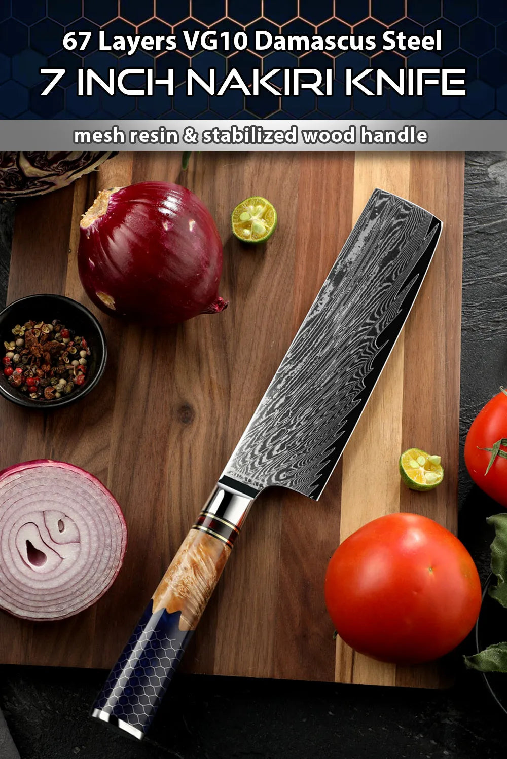 Kitchen Knives-Set Damascus Steel Chef Knife Cleaver Paring Utility Bread Knife Cooking Tool Blue Resin Handle 1-10 Pcs/Set