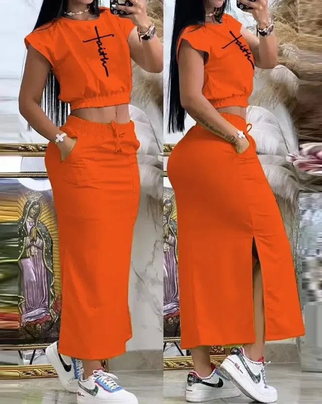 2025 Summer Two Piece Sets Women Outifit Fashion Print Colorblock O-Neck Short Sleeve Crop Top & Casual Striped Pocket Skirt Set