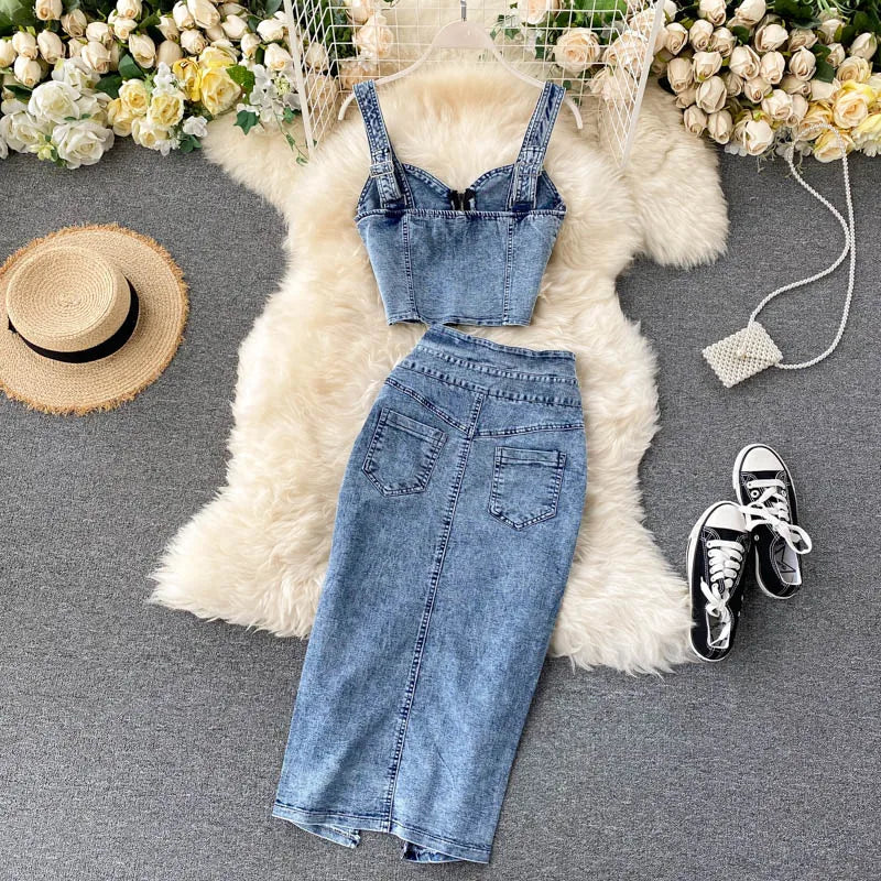 Skirt Sets Women Denim Skirts Two Piece Set Tanks Sleeve Less Slim Fit Vests High Waist Jeans Button Streetwear Summer