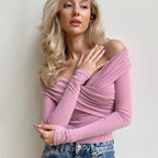 Red Sexy Off Shoulder Women's Bodysuits Fashion Crossed Folds Skinny Rompers Long Sleeve Fashion Streetwear Autumn Bodysuits New