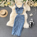Skirt Sets Women Denim Skirts Two Piece Set Tanks Sleeve Less Slim Fit Vests High Waist Jeans Button Streetwear Summer